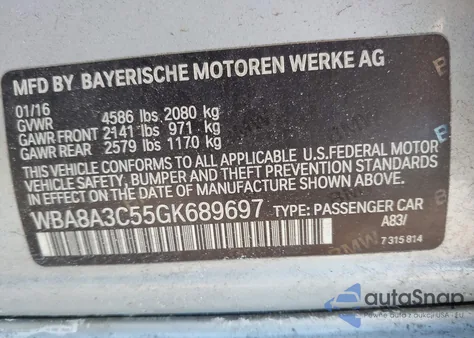 2016 BMW 320I xDrive from USA, damaged, VIN WBA8A3C55GK689697